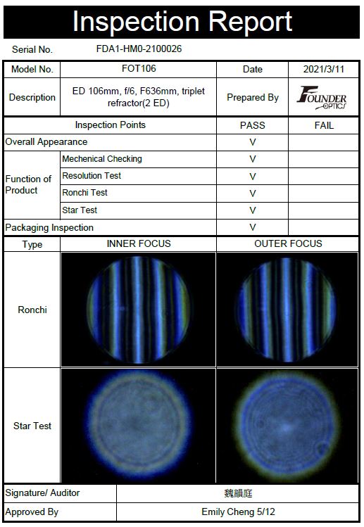 Founder Optics FOT106 Triplet Apochromatic Refractor First Light Optics